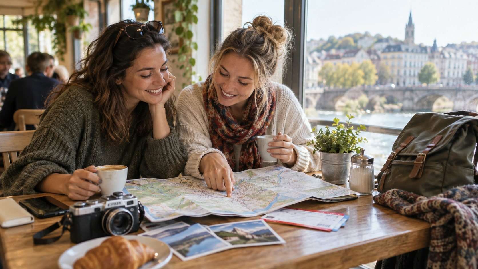 Dos personas planificando una escapada con mapa, mochila y billetes sobre una mesa
