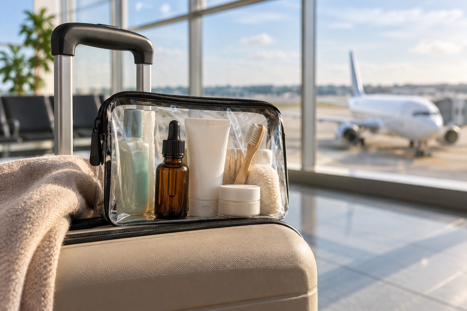 Preparación del equipaje para viajar con un aceite de CBD Frasco ámbar con cuentagotas dentro de una bolsa transparente sobre una maleta en una terminal de aeropuerto.